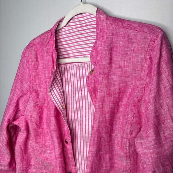 Chicos Reversible Linen Jacket Size 2/12-14 Pink White Striped Snap Classic - Picture 9 of 13